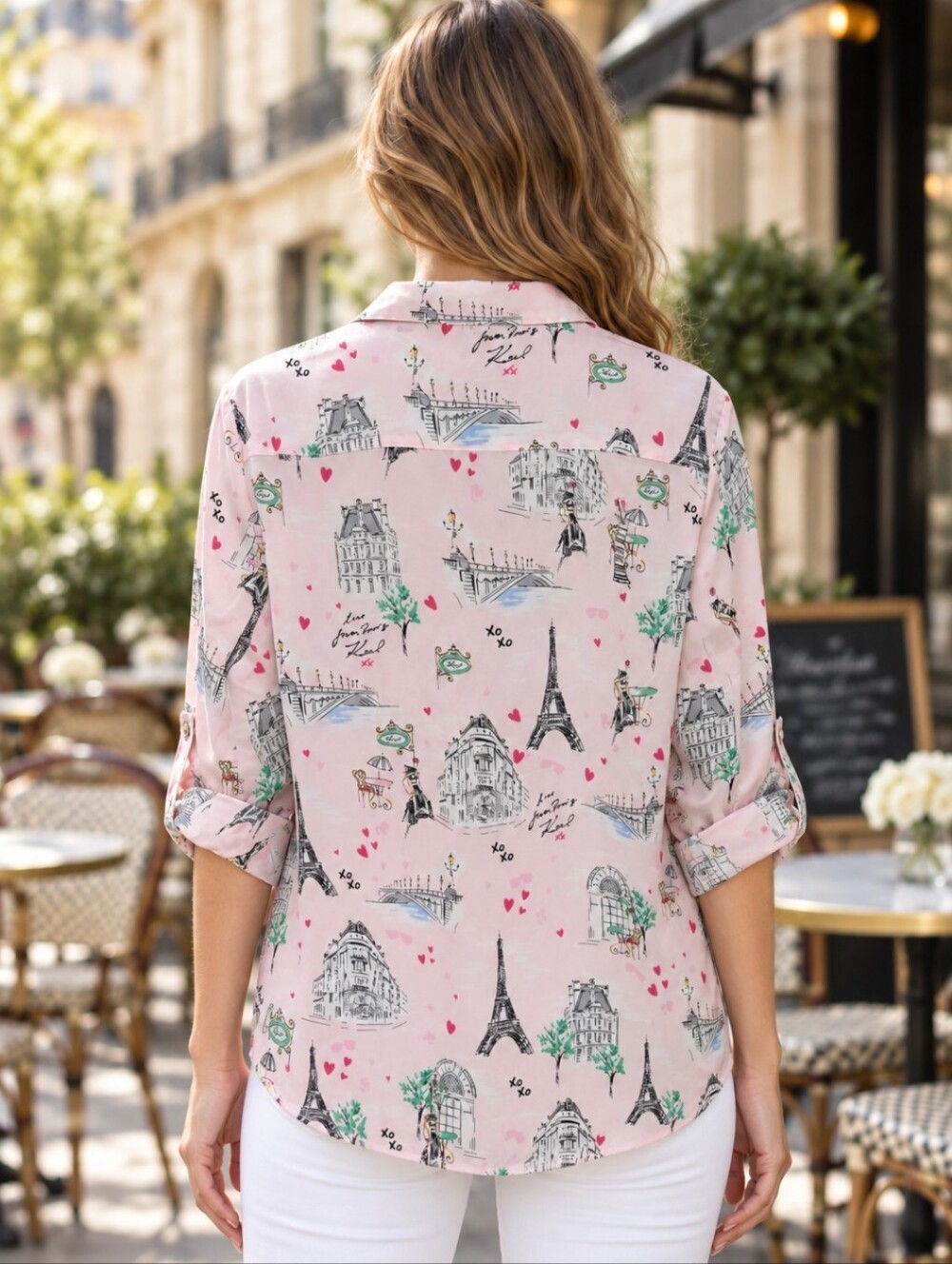 Karl Lagerfeld Paris Pink Eiffel Tower Print Button-Up Blouse Large - Picture 11 of 11
